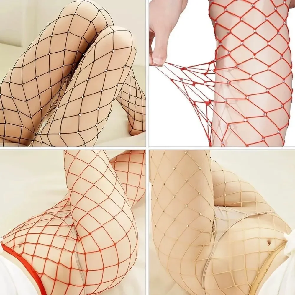 Nude rhinestones wide fishnet hosiery tights stockings